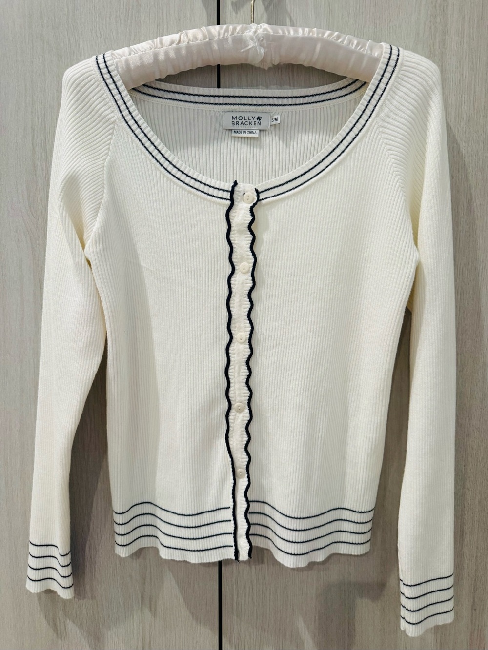 Molly Bracken Cream Ribbed Cardigan with Navy Trim button down